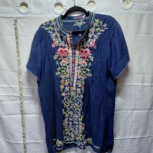Johnny Was Navy Top with Colorful Embroidery